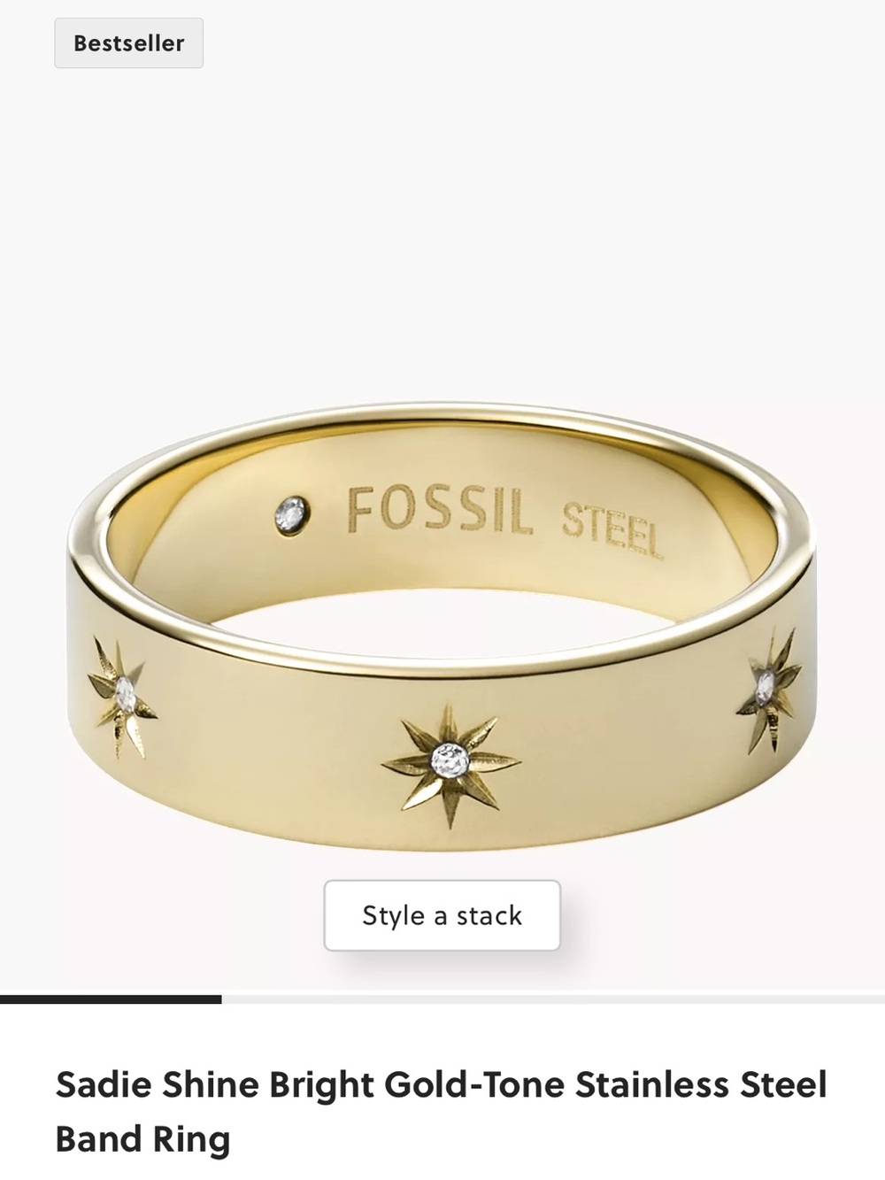 Fossil Gold Starburst Stainless Steel Band Ring